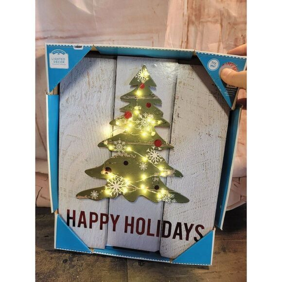 Holiday time happy holidays light-up Xmas tree sign decor - Picture 1 of 7